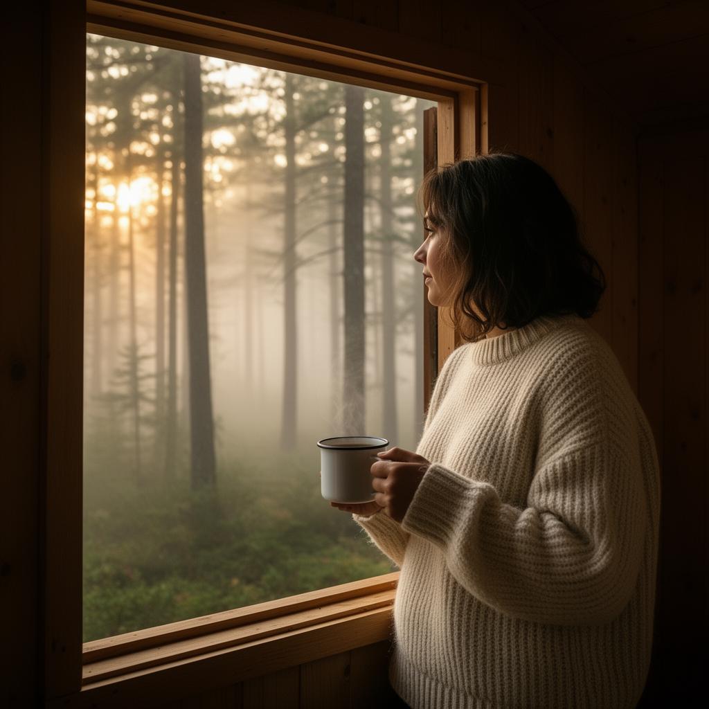 A person in a cream wool sweater at a cabin window, holding coffee, looking into a misty pine forest at dawn