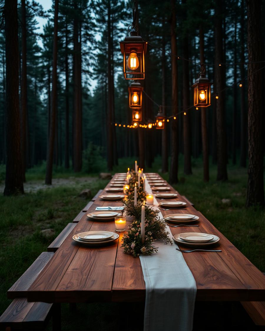 A long wooden table set with lanterns and candles in a pine forest at dusk